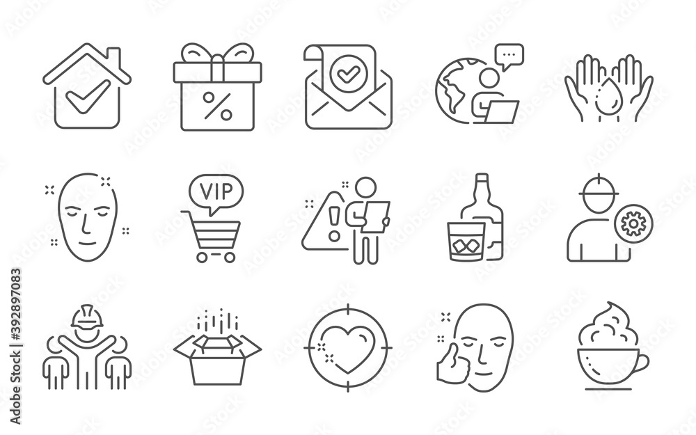 Healthy face, Discount offer and Confirmed mail line icons set. Engineer, Heart target and Whiskey glass signs. Coffee cup, Wash hands and Health skin symbols. Line icons set. Vector