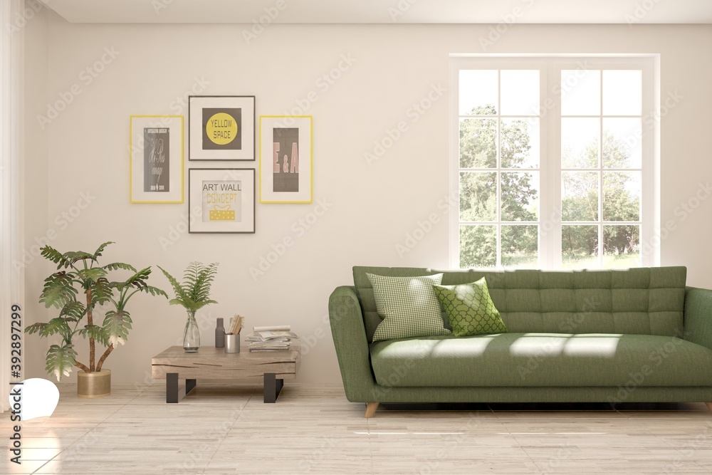 Fototapeta premium White living room with sofa and summer landscape in window. Scandinavian interior design. 3D illustration