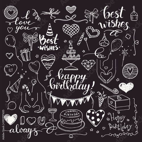 Birthday party doodles, love confession symbols. Collection of hand drawn birthday, wedding festive attributes. Vector design elements, lettering, heart, cake, decoration isolated on black background.