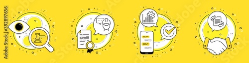 Foreman, Judge hammer and Seo graph line icons set. Licence, cell phone and deal vector icons. Marketing sign. Engineer person, Judgement, Analytics chart. Article. Business set. Vector