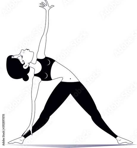 Young woman with lithe figure doing sport or yoga exercises illustration. Young woman with lithe figure bends a body isolated black on white
