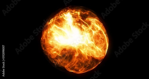 Burning 3D fireball orb effect on black background. swirling flames and plasma within sphere. Magical or Mystical visual special effect. 3D render. 4K loop. photo