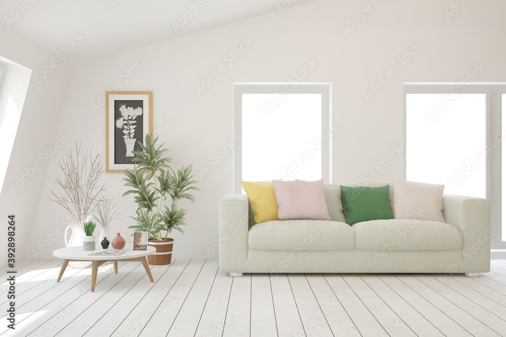 White living room with sofa. Scandinavian interior design. 3D illustration White living room with sofa. Scandinavian interior design. 3D illustration