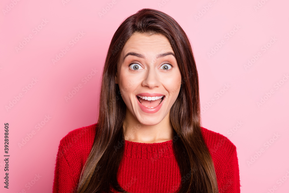 Portrait photo of amazed surprised pretty girl looking shocked cheerful wearing red clothes isolated on pink color background Portrait photo of amazed surprised pretty girl looking shocked cheerful wearing red clothes isolated on pink color background