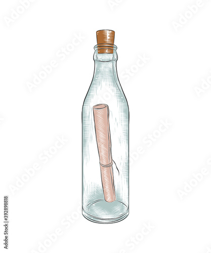 Vector engraved style illustration for posters, decoration and print. Hand drawn sketch of letter in the bottle in colorful isolated on white background. Detailed vintage woodcut style drawing.