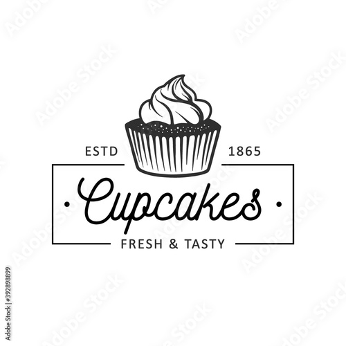Vintage style bakery shop simple label  badge  emblem  logo template. Graphic food art with engraved cupcake design vector element with typography. Linear organic pastry on white background.