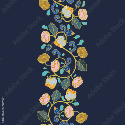 Vector royal baroque intarsia style peony border. Seamless floral garland with hand drawn historic florals on dark blue background. Nature background. Marble intarsia effect.