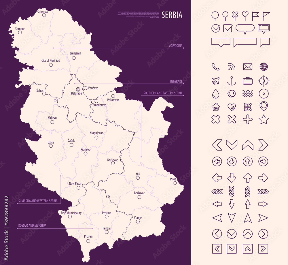 Detailed map of Serbia with administrative divisions on a dark background, big cities of the country and icons set, vector illustration