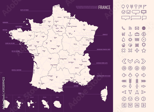 Detailed map of France with administrative divisions on a dark background, big cities of the country and icons set, vector illustration
