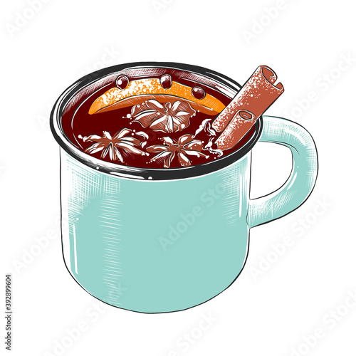 Vector engraved style illustration for posters, decoration, logo and print. Hand drawn sketch of mug of mulled wine in colorful isolated on white background. Detailed vintage woodcut style drawing.