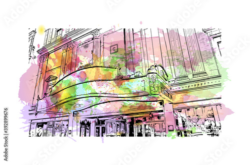 Building view with landmark of Columbus is the state capital and the most populous city in the U.S. state of Ohio. Watercolour splash with hand drawn sketch illustration in vector.