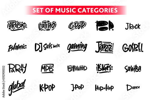 set of music categories lettering. logo for business, print and advertising.