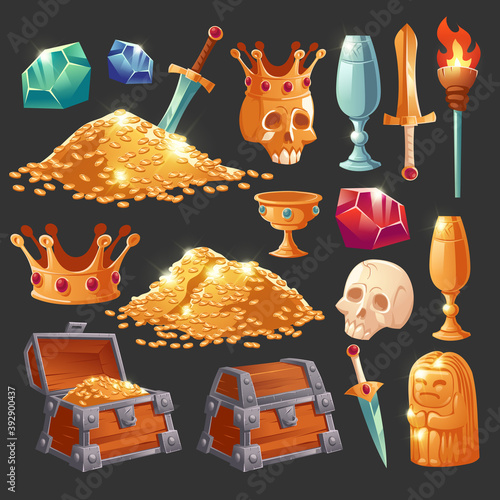 Cartoon treasure chest with golden coins, crystal magic gems, human skull in crown, sword in gold pile and goblet with precious rocks, ancient statue and burning torch vector illustration, icons set