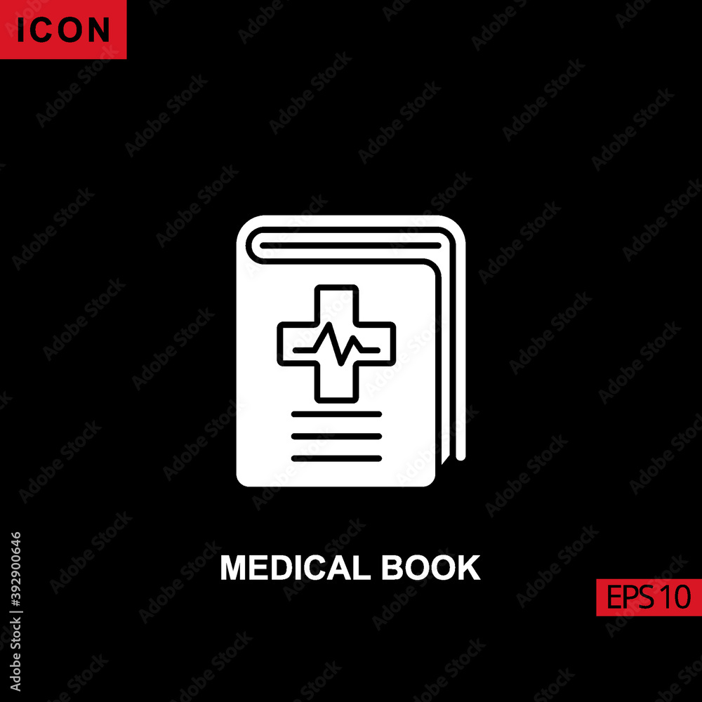 Icon medical book with plus and heart beat. Filled, glyph or flat vector icon symbol sign collection Icon medical book with plus and heart beat. Filled, glyph or flat vector icon symbol sign collection