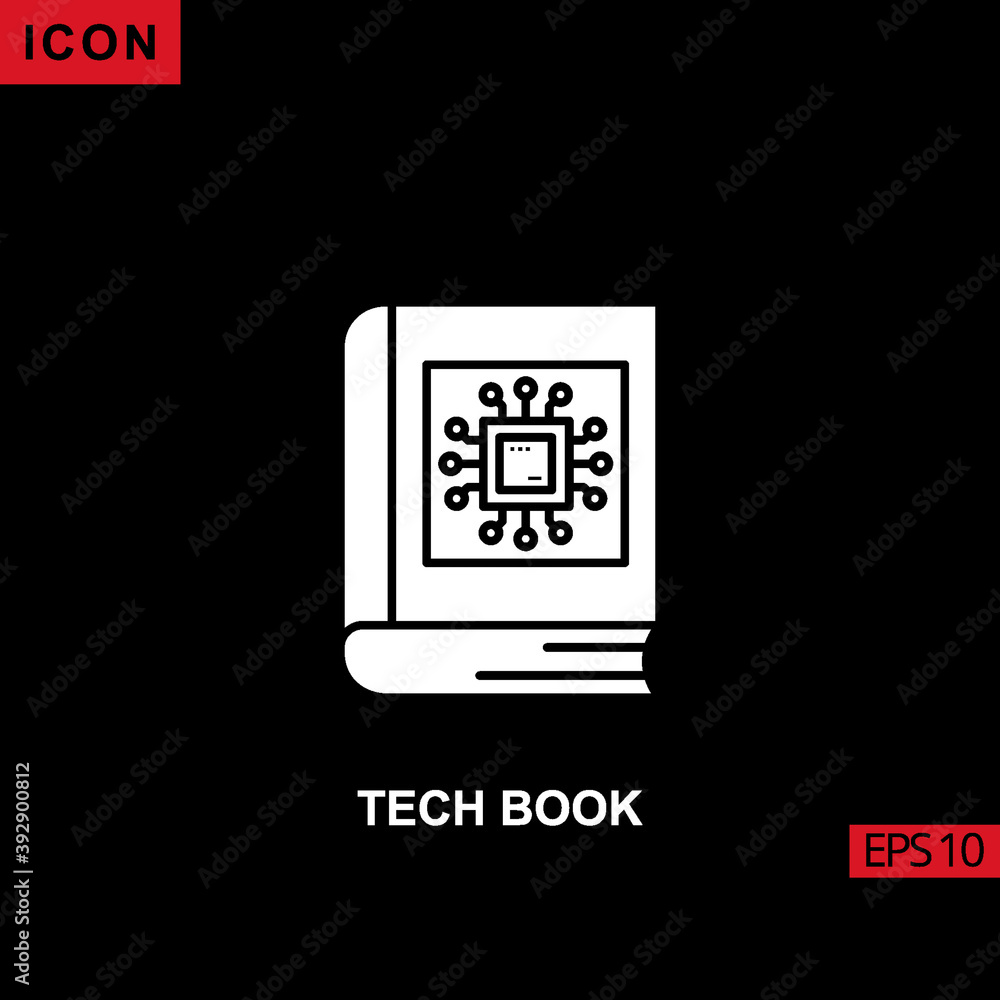 Icon tech book with circuit board processor. Filled, glyph or flat vector icon symbol sign collection Icon tech book with circuit board processor. Filled, glyph or flat vector icon symbol sign collection