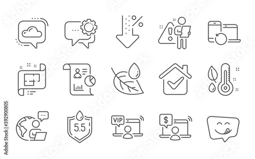 Report, Online shopping and Thermometer line icons set. Ph neutral, Low percent and Recovery devices signs. Vip access, Cloud communication and Leaf dew symbols. Line icons set. Vector