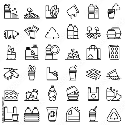 Biodegradable plastic icons set. Outline set of biodegradable plastic vector icons for web design isolated on white background