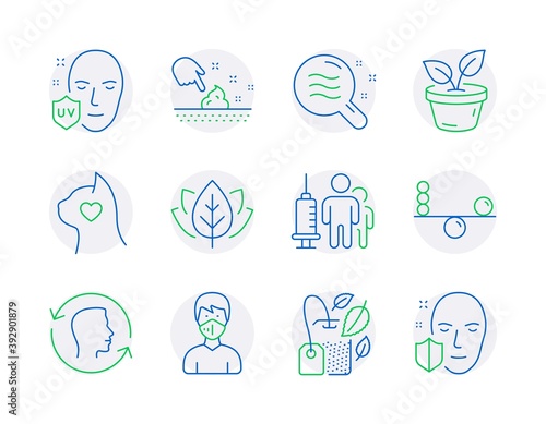 Healthcare icons set. Included icon as Mint bag, Medical mask, Leaves signs. Face id, Skin condition, Pets care symbols. Balance, Uv protection, Medical vaccination. Skin moisture. Vector