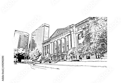 Building view with landmark of Columbus is the state capital and the most populous city in the U.S. state of Ohio. Hand drawn sketch illustration in vector.