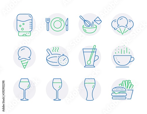 Food and drink icons set. Included icon as Ice creams, Frying pan, Bordeaux glass signs. Wine glass, Cooking whisk, Food symbols. Tea mug, Coffee cup, Ice cream. Water cooler, Burger. Vector