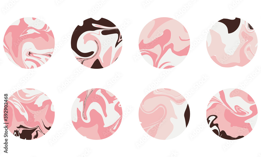 Marble pink highlight covers for social media, round icon set for current pinned stories. Marble circles. Vector circle illustration. Marble pink highlight covers for social media, round icon set for current pinned stories. Marble circles. Vector circle illustration.