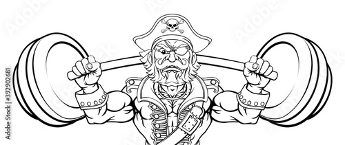 A pirate weight lifting a barbell cartoon sports training mascot character