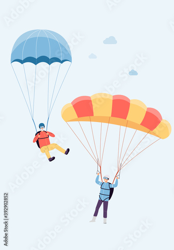 Elderly active couple jumping with parachute flat vector illustration isolated.