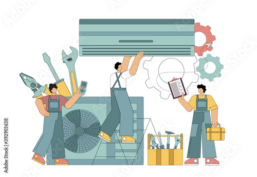 Air conditioner installation, maintenance, repair master. Air conditioner concept. Vector illustration isolated on white background.