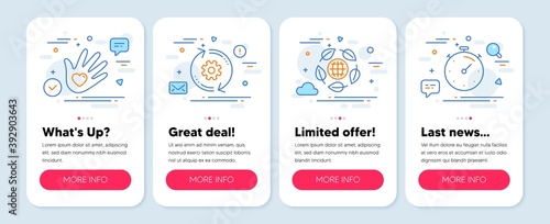 Set of Science icons, such as Cogwheel, Social responsibility, Eco organic symbols. Mobile screen app banners. Timer line icons. Engineering tool, Helping hand, Bio ingredients. Vector