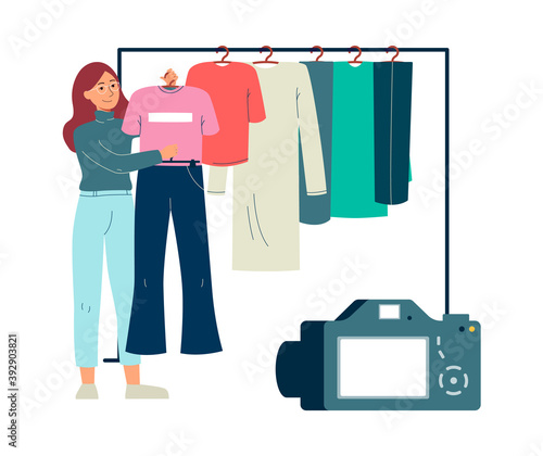 Fashion blogger leading video live broadcast, flat vector illustration isolated.