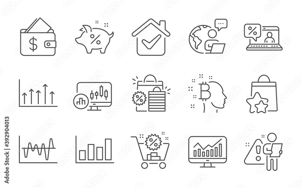 Bitcoin think, Wallet and Stock analysis line icons set. Loyalty points, Growth chart and Shopping bags signs. Statistics, Loan percent and Report diagram symbols. Line icons set. Vector Bitcoin think, Wallet and Stock analysis line icons set. Loyalty points, Growth chart and Shopping bags signs. Statistics, Loan percent and Report diagram symbols. Line icons set. Vector