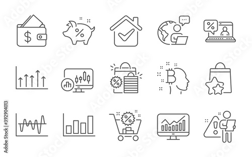 Bitcoin think, Wallet and Stock analysis line icons set. Loyalty points, Growth chart and Shopping bags signs. Statistics, Loan percent and Report diagram symbols. Line icons set. Vector photo