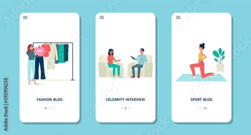 Onboarding mobile pages set for various blogs flat vector illustration.