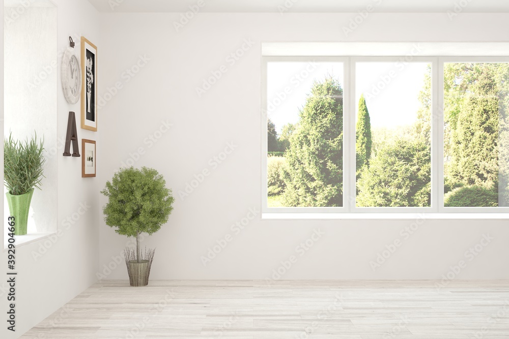 Fototapeta premium White empty room with summer landscape in window. Scandinavian interior design. 3D illustration