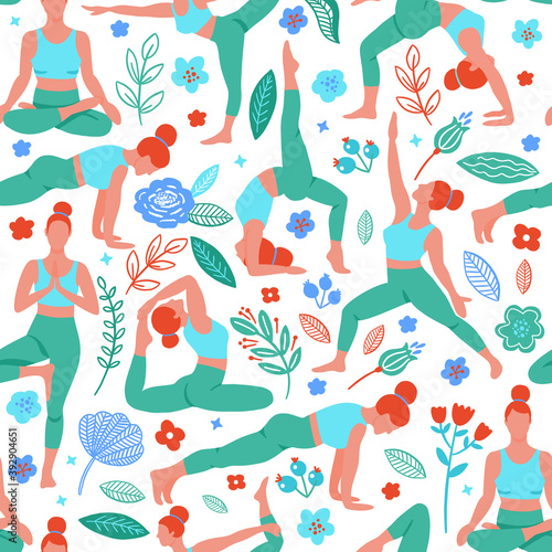 Women exercising yoga flat color trend vector seamless pattern. Do yoga meditation practice cartoon style. Exercise workout background. Healthy lifestyle morning fitness activities pictures.