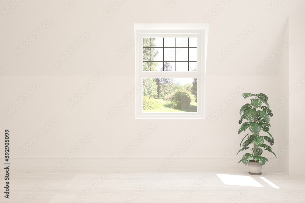 White empty room with summer landscape in window. Scandinavian interior design. 3D illustration White empty room with summer landscape in window. Scandinavian interior design. 3D illustration