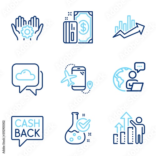 Business icons set. Included icon as Weather forecast, Flights application, Employee hand signs. Growth chart, Payment, Employee results symbols. Chemistry lab, Money transfer line icons. Vector