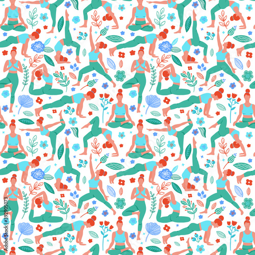 Women exercising yoga flat color trend vector seamless pattern. Do yoga meditation practice cartoon style. Exercise workout background. Healthy lifestyle morning fitness activities pictures.