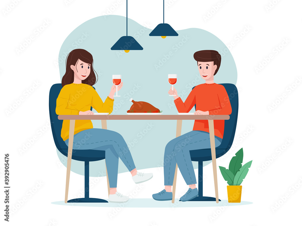 Vector illustration: romantic dinner at home. The man and the woman are drinking wine. Vector illustration: romantic dinner at home. The man and the woman are drinking wine.