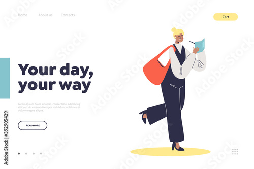 Planning your day concept of landing page with young woman making notes on walk to office or study