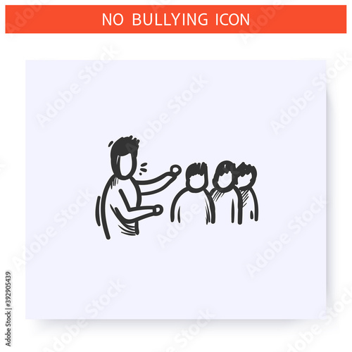 Collective bullying icon.Victim blaming. Haters around man. Outline sketch drawing. Aggressive behaviour, violence and harassment. Discrimination, pressure, social issue.Isolated vector illustration 