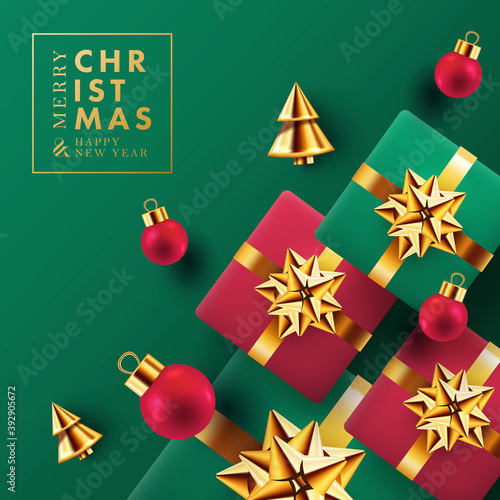 Christmas and New Year greeting card, sale poster, holiday cover. Modern Xmas banner design with border frame made of gift boxes, golden conical Christmas trees and red balls on green background