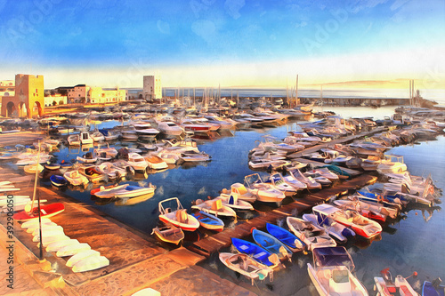 View on bay with boats colorful painting looks like picture