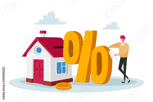 Mortgage and Home Buying Concept. Tiny Male Character with Huge Percent Symbol Stand at Cottage House with Golden Coin