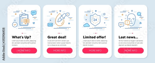 Set of Medical icons, such as Eye drops, 24 hours, Eye checklist symbols. Mobile app mockup banners. Face attention line icons. Pipette, Protection, Optometry. Exclamation mark. Vector