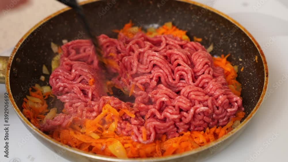 in a frying pan with vegetable oil fry minced meat, onions and carrots with tomato paste. Bolognese sauce. fried vegetables for soups, lasagna and different dishes. Home kitchen. in a frying pan with vegetable oil fry minced meat, onions and carrots with tomato paste. Bolognese sauce. fried vegetables for soups, lasagna and different dishes. Home kitchen.