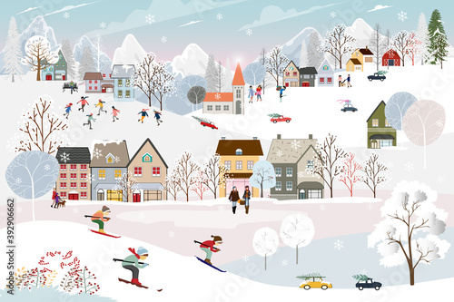 Winter landscape at night with people having fun doing outdoor activities on new year,Christmas day in village with people celebration, kid playing ice skates, teenagers skiing with snow falling