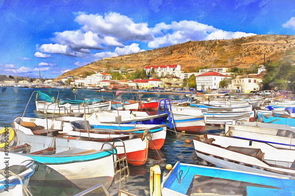 Boats in Balaklava bay colorful painting looks like picture