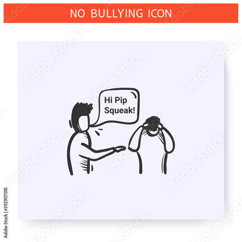 Nicknaming icon. Verbal bullying. Outline sketch drawing. Man calls another man nickname. Aggressive behaviour, violence and harassment. Discrimination, social issue. Isolated vector illustration 