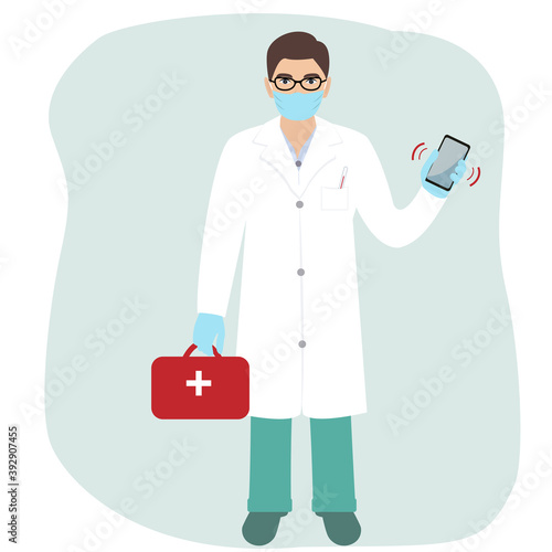 Patient calling a doctor and asking for help. Doctor hurry to help with first aid kit box. Healthcare concept.